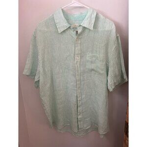 Panama Jack Mens Linen Shirt XL Short Sleeve Button Front Green/white stripe